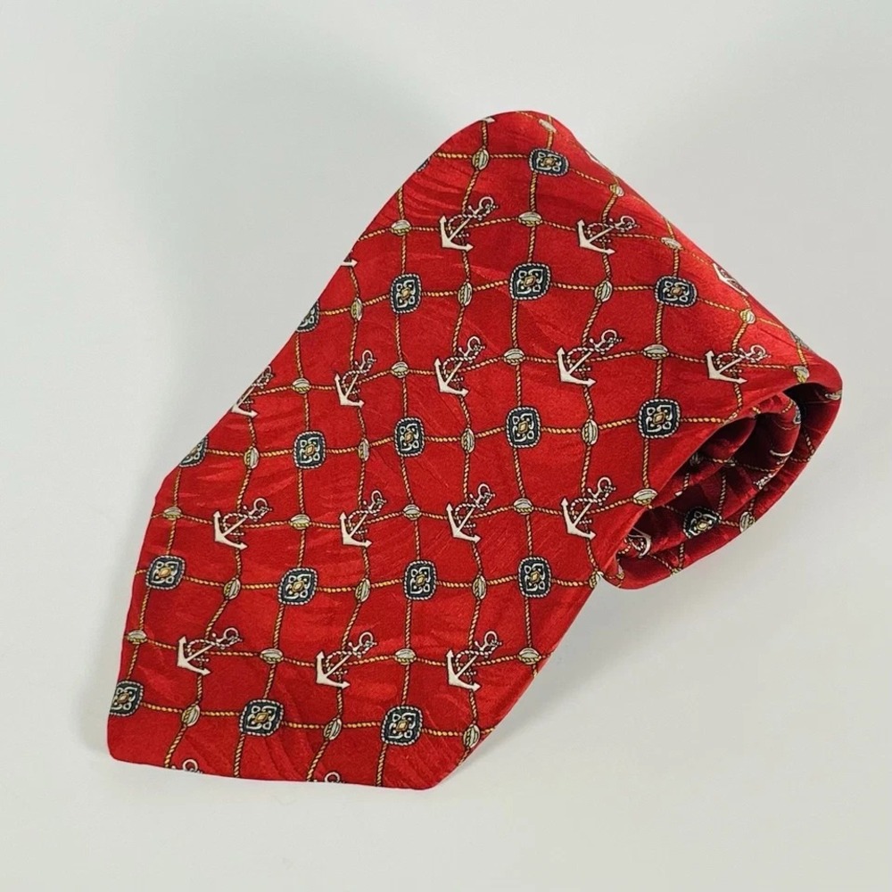 Cromley & Finch 100% Silk Tie Dark Red W/Anchors & Gold Rigging Nautical‎ 3.75"
